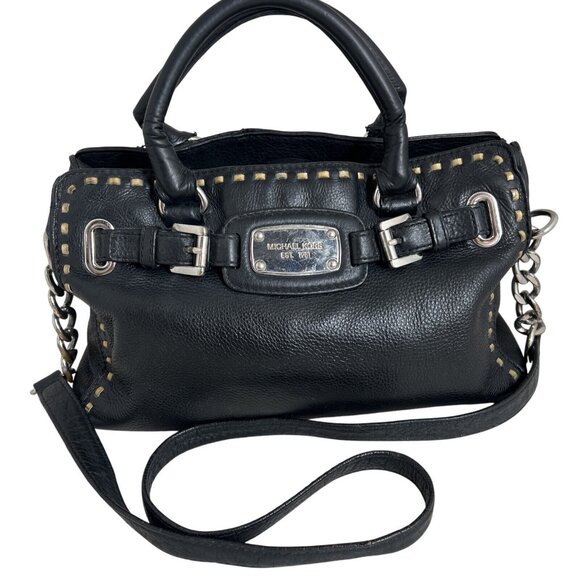 Michael Kors Black Leather Chain Whipstitch Satchel Handbag - Picture 1 of 14